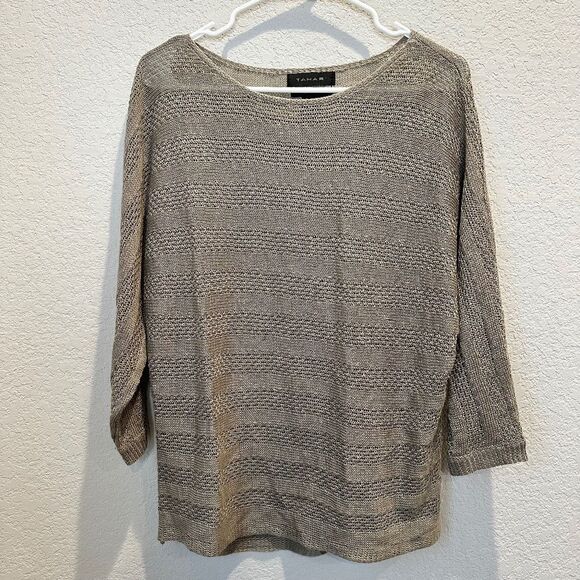 Tahari Tan Brown 100% Linen Open Knit Drop Shoulder Sweater - Size S - EUC - Picture 1 of 5